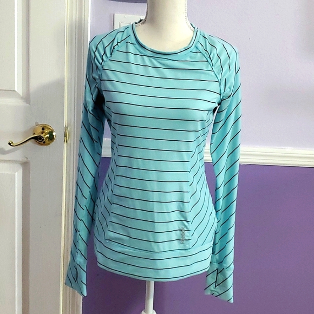 Reebok Light Turquoise Striped Sporty Workout Long Sleeve Top S